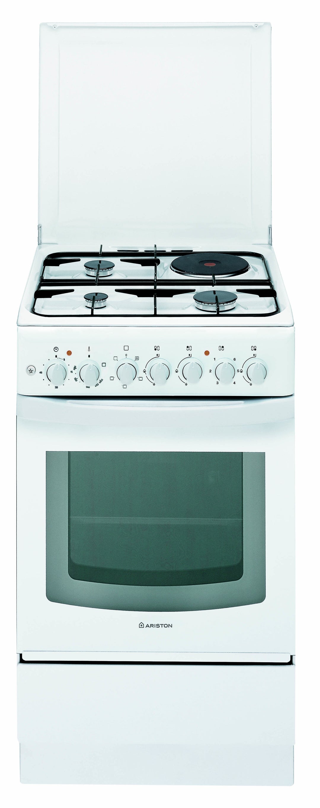 Ariston 50cm, 3 Gas Burners, 1 Electric Plate + Electric Oven Free Standing Cooker A5MSH2E W EX