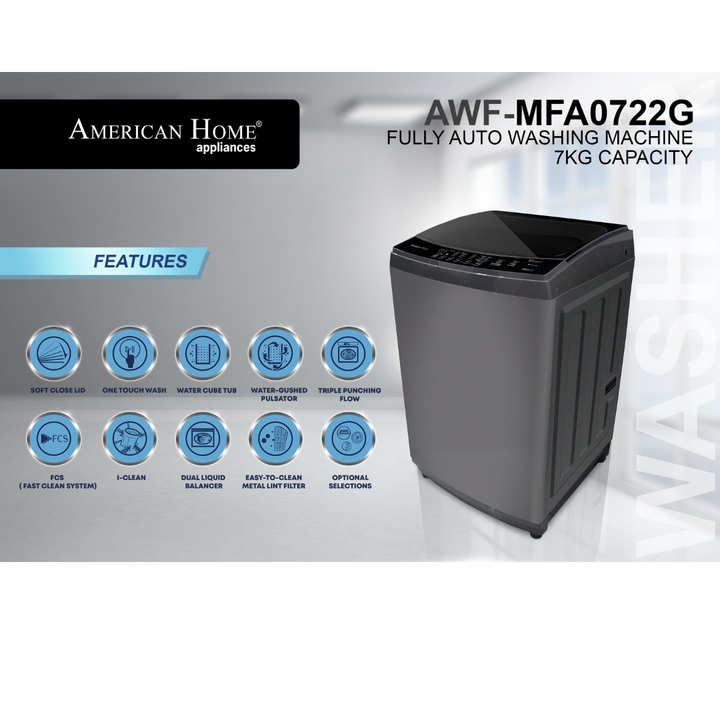 American Home 7kg Topload Fully Automatic Washer AWF-MFA0722G