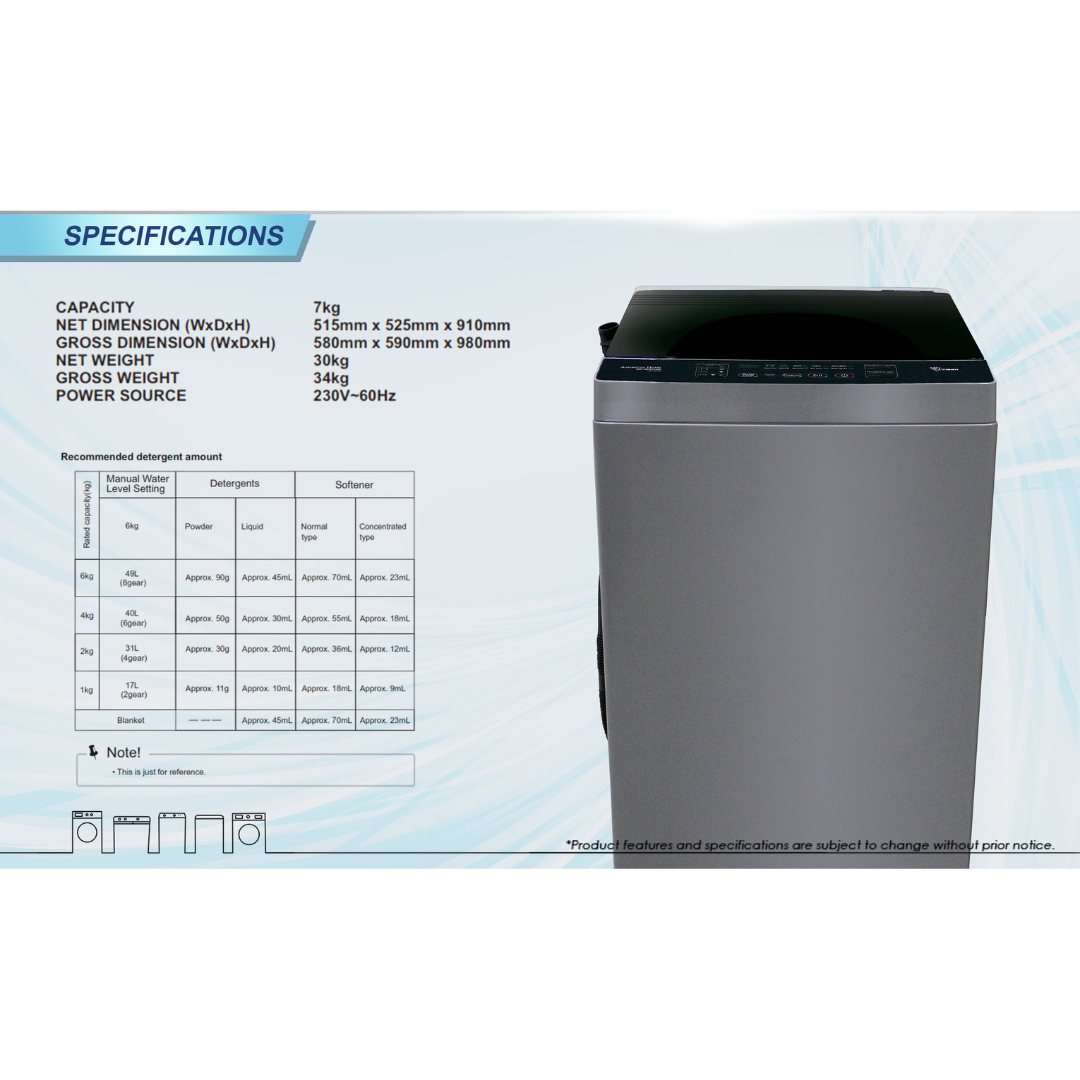 American Home 7kg Topload Fully Automatic Washer AWF-MFA0722G