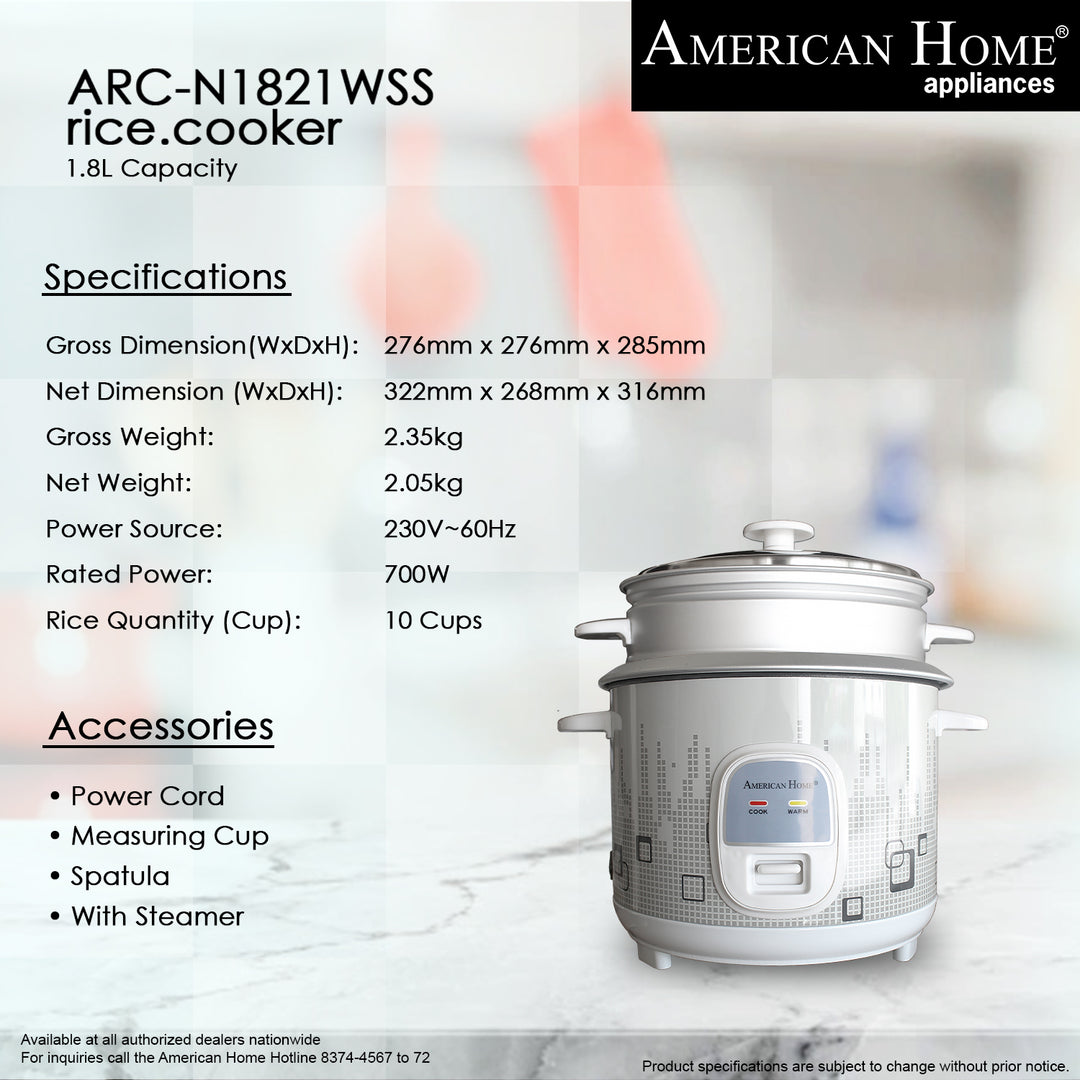 American Home 1.8L/ 10cups Rice Cooker ARC-N1821WSS