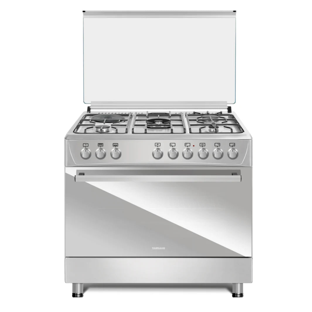Fabriano 90cm, 4 Gas Burners (1 Triple Ring) ,  1 Electric plate + Gas Oven Free Standing Cooker F9P41G2-SS